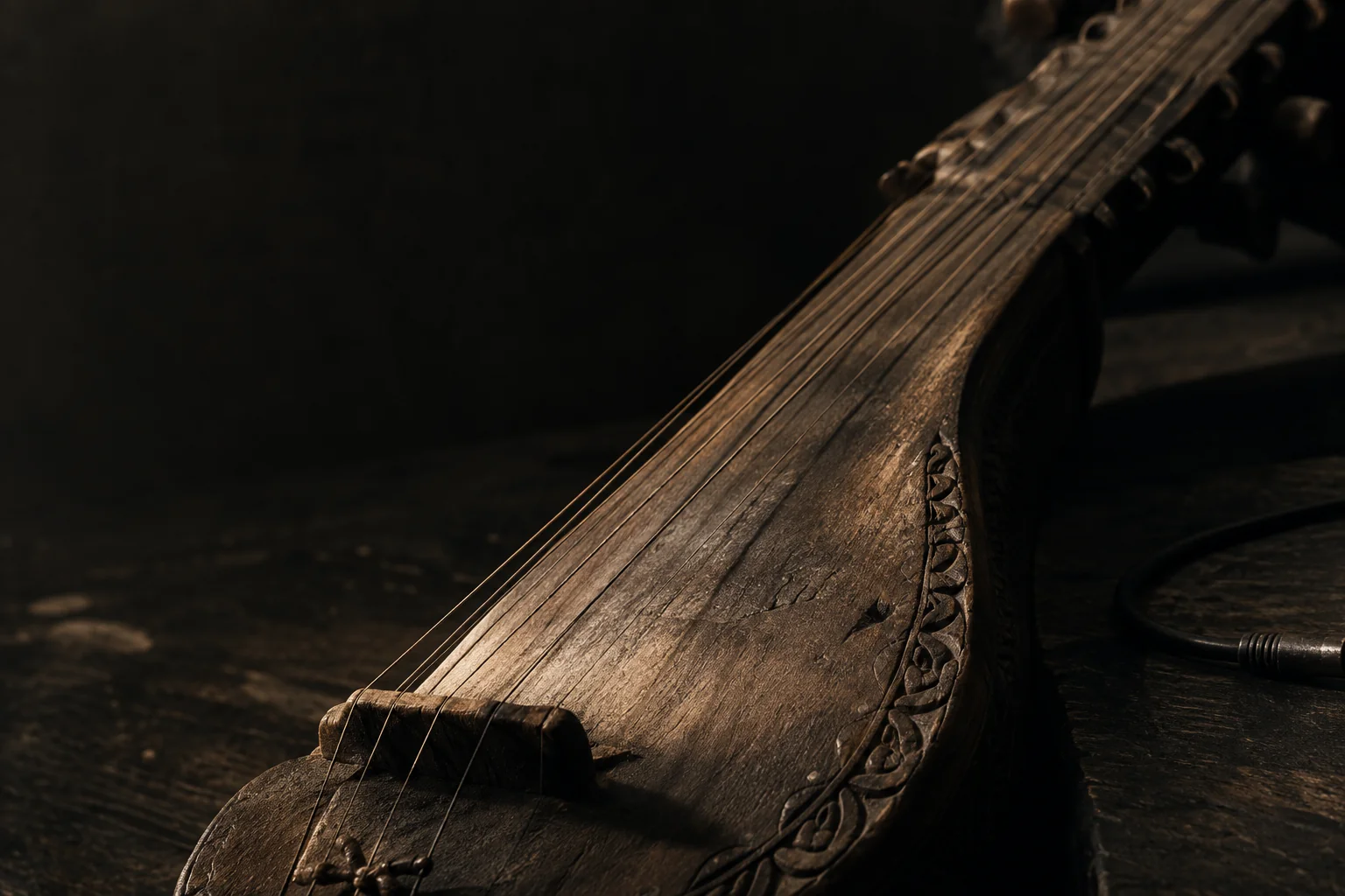 Editorial still life of a plucked string instrument and recording cable